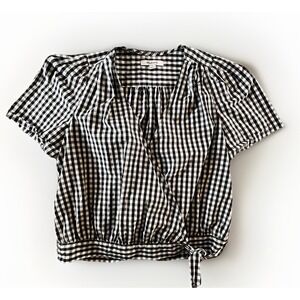Madewell Women's Small Cross Front Wrap Surplice Tie  Top Black White‎ Gingham